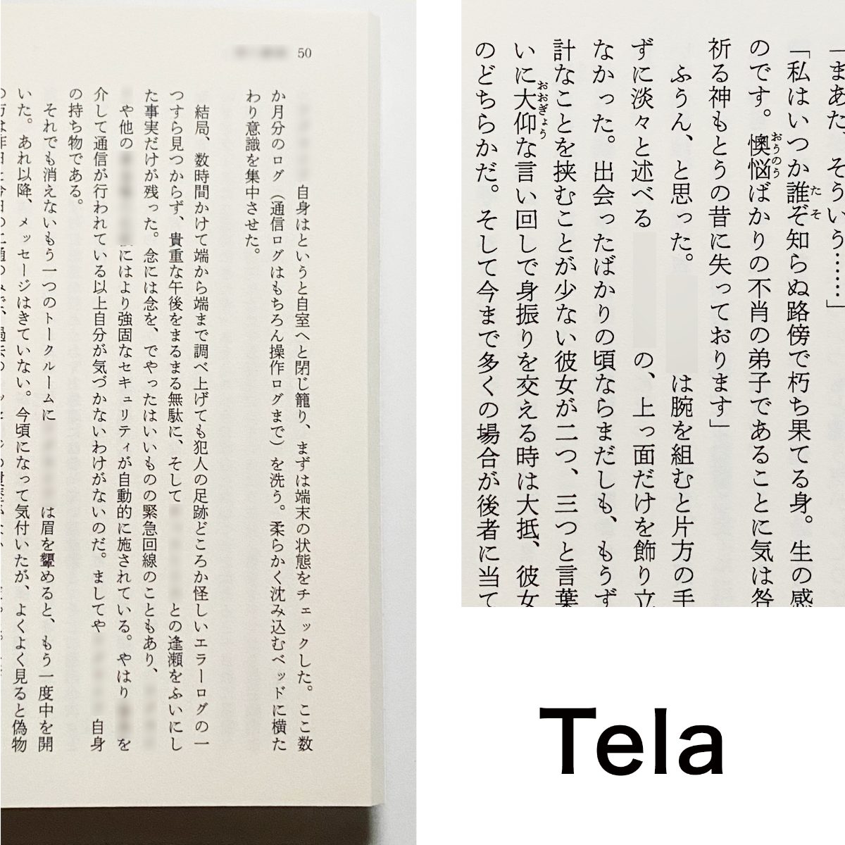 Telaで組んで印刷した文庫本の写真。左に開いた紙面、右にその拡大が並ぶ